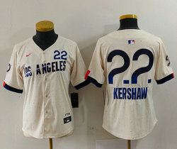 Women's Nike Los Angeles Dodgers #22 Clayton Kershaw Cream 2024 City 50 Front The number is above the name Jersey