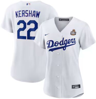 Women's Nike Los Angeles Dodgers #22 Clayton Kershaw White 2024 World Series Baseball Jersey
