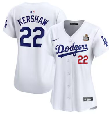 Women's Nike Los Angeles Dodgers #22 Clayton Kershaw White 22 front 2024 World Series Baseball Jersey