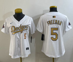 Women's Nike Los Angeles Dodgers #5 Freddie Freeman White Gold Name Champions Jersey