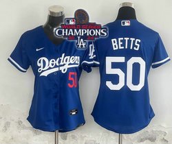 Women's Nike Los Angeles Dodgers #50 Mookie Betts Blue 2024 World Series Champions Authentic Stitched MLB Jersey