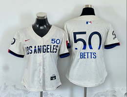 Women's Nike Los Angeles Dodgers #50 Mookie Betts Cream City 17 Front the number is above the name Jersey