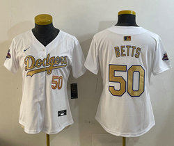 Women's Nike Los Angeles Dodgers #50 Mookie Betts Gold Name Champions Jersey