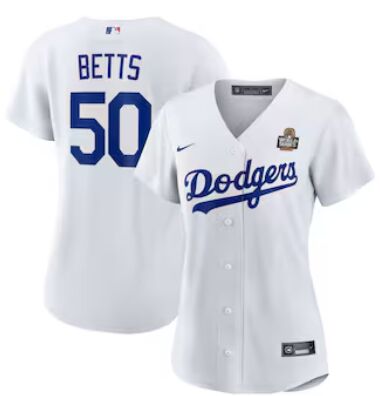 Women's Nike Los Angeles Dodgers #50 Mookie Betts White 2024 World Series Baseball Jersey