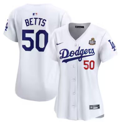 Women's Nike Los Angeles Dodgers #50 Mookie Betts White 50 front 2024 World Series Baseball Jersey