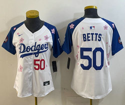 Women's Nike Los Angeles Dodgers #50 Mookie Betts White Blue arm 2025 Tokyo Series Jersey