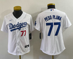 Women's Nike Los Angeles Dodgers #77 Peso Pluma White Red 77 in front Authentic Stitched MLB Jersey