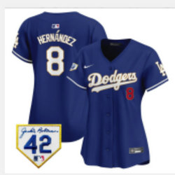 Women's Nike Los Angeles Dodgers #8 Enrique Hernández Blue Gold name 42 patch Baseball Jersey