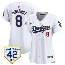 Women's Nike Los Angeles Dodgers #8 Enrique Hernández White Gold name 42 patch Baseball Jersey