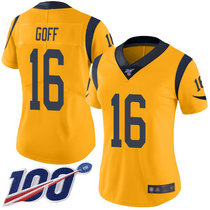 Women's Nike Los Angeles Rams #16 Jared Goff With NFL 100th Season Patch Gold Rush Vapor Untouchable Authentic Stitched NFL jersey