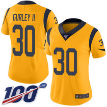 Women's Nike Los Angeles Rams #30 Todd Gurley II With NFL 100th Season Patch Gold Rush Authentic Stitched NFL Jersey