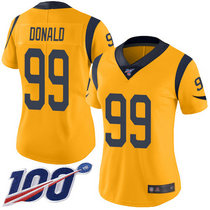 Women's Nike Los Angeles Rams #99 Aaron Donald With NFL 100th Season Patch Gold Rush Authentic Stitched NFL Jersey