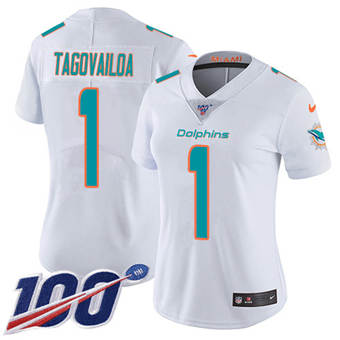 Women's Nike Miami Dolphins #1 Tua Tagovailoa 100th Season White Vapor Untouchable Jersey