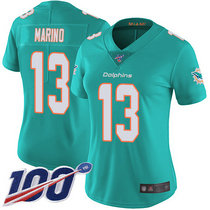 Women's Nike Miami Dolphins #13 Dan Marino 100th Season Patch Green Vapor Untouchable Authentic Stitched NFL Jersey
