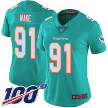 Women's Nike Miami Dolphins #91 Cameron Wake 100th Season Patch Green Vapor Untouchable Authentic Stitched NFL Jersey