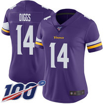 Women's Nike Minnesota Vikings #14 Stefon Diggs With NFL 100th Season Patch Purple Vapor Untouchable Limited Authentic Stitched NFL Jersey