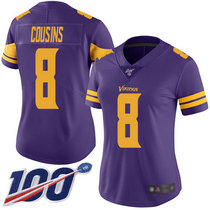 Women's Nike Minnesota Vikings #8 Kirk Cousins With NFL 100th Season Patch Purple Rush Authentic Stitched NFL jersey