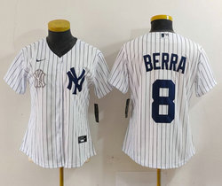 Women's Nike New York Yankees #8 Yogi Barra White Stripe Stitched MLB Jersey