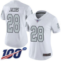 Women's Nike Oakland Raiders #28 Josh Jacobs 100th Season White Rush Authentic Stitched NFL Jersey