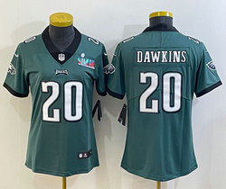 Women's Nike Philadelphia Eagles #20 Brian Dawkins Green Super Bowl LVII Patch Authentic Stitched NFL Jersey