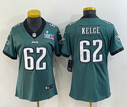 Women's Nike Philadelphia Eagles #62 Jason Kelce Green Super Bowl LVII Patch Authentic stitched NFL jersey