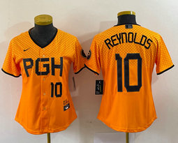 Women's Nike Pittsburgh Pirates #10 Bryan Reynolds Gold City Black 22 in front Authentic stitched MLB jersey