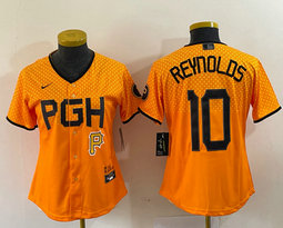 Women's Nike Pittsburgh Pirates #10 Bryan Reynolds Gold City P in front Authentic stitched MLB jersey