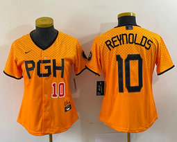 Women's Nike Pittsburgh Pirates #10 Bryan Reynolds Gold City Red 22 in front Authentic stitched MLB jersey