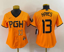 Women's Nike Pittsburgh Pirates #13 KeBryan Hayes Gold City Gold 22 in front Authentic stitched MLB jersey