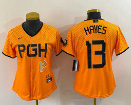 Women's Nike Pittsburgh Pirates #13 KeBryan Hayes Gold City P in front Authentic stitched MLB jersey