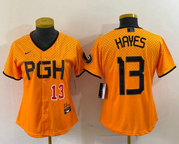Women's Nike Pittsburgh Pirates #13 KeBryan Hayes Gold City Red 22 in front Authentic stitched MLB jersey