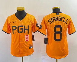 Women's Nike Pittsburgh Pirates #8 Willie Stargell Gold City Red 8 in front Authentic stitched MLB jersey