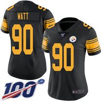 Women's Nike Pittsburgh Steelers #90 T. J. Watt 100th Season Black Rush Authentic Stitched NFL Jersey