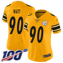 Women's Nike Pittsburgh Steelers #90 T. J. Watt 100th Season Gold Inverted Legend Vapor Untouchable Authentic Stitched NFL jersey