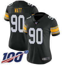 Women's Nike Pittsburgh Steelers #90 T.J.Watt With NFL 100th Season Patch Black New Vapor Untouchable Authentic Stitched NFL Jersey