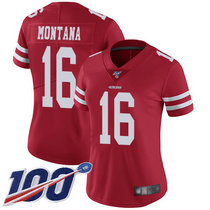 Women's Nike San Francisco 49ers #16 Joe Montana 100th Season Red Vapor Untouchable With Team Patch Authentic Stitched NFL Jersey