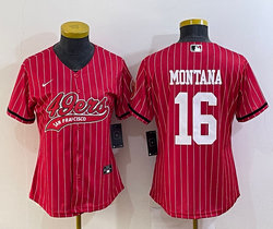 Women's Nike San Francisco 49ers #16 Joe Montana Red Stripe Joint Big Logo baseball jersey - 副本