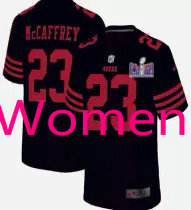Women's Nike San Francisco 49ers #23 Christian McCaffrey Black With 2024 Super Bowl (LVIII ) patch Jersey