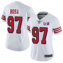 Women's Nike San Francisco 49ers #97 Nick Bosa White have the black outline With 2024 Super Bowl (LVIII ) patch Jersey