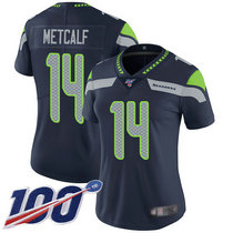 Women's Nike Seattle Seahawks #14 D.K. Metcalf With NFL 100th Season Patch Blue Vapor Untouchable Limited Authentic Stitched NFL Jersey