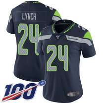 Women's Nike Seattle Seahawks #24 Marshawn Lynch With NFL 100th Season Patch Blue Vapor Untouchable Limited Authentic Stitched NFL Jersey