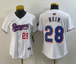 Women's Nike Texas Rangers #28 Jonah Heim White Champions Gold name Red 28 front Authentic Stitched MLB Jersey