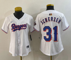 Women's Nike Texas Rangers #31 Max Scherzer White Champions Gold name Authentic Stitched MLB Jersey