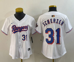 Women's Nike Texas Rangers #31 Max Scherzer White Champions Gold name Blue 31 front Authentic Stitched MLB Jersey