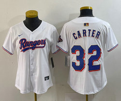 Women's Nike Texas Rangers #32 Evan Carter White Champions Gold name Authentic Stitched MLB Jersey