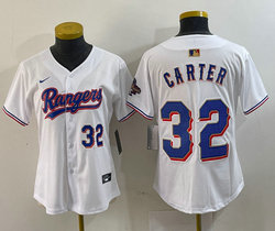Women's Nike Texas Rangers #32 Evan Carter White Champions Gold name Blue 32 front Authentic Stitched MLB Jersey