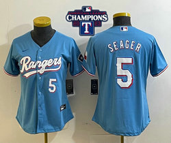 Women's Nike Texas Rangers #5 Corey Seager Light Blue 2023 World Series Champions #5 in front Stitched MLB Jersey