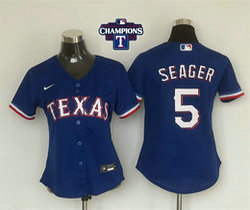 Women's Nike Texas Rangers #5 Corey Seager Light Blue 2023 World Series Champions Texas Authentic Stitched MLB Jersey