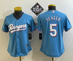 Women's Nike Texas Rangers #5 Corey Seager Light Blue 2023 World Series Game Authentic Stitched MLB Jersey