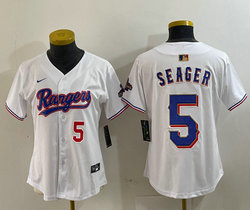 Women's Nike Texas Rangers #5 Corey Seager White Champions Gold name Red 5 front Authentic Stitched MLB Jersey
